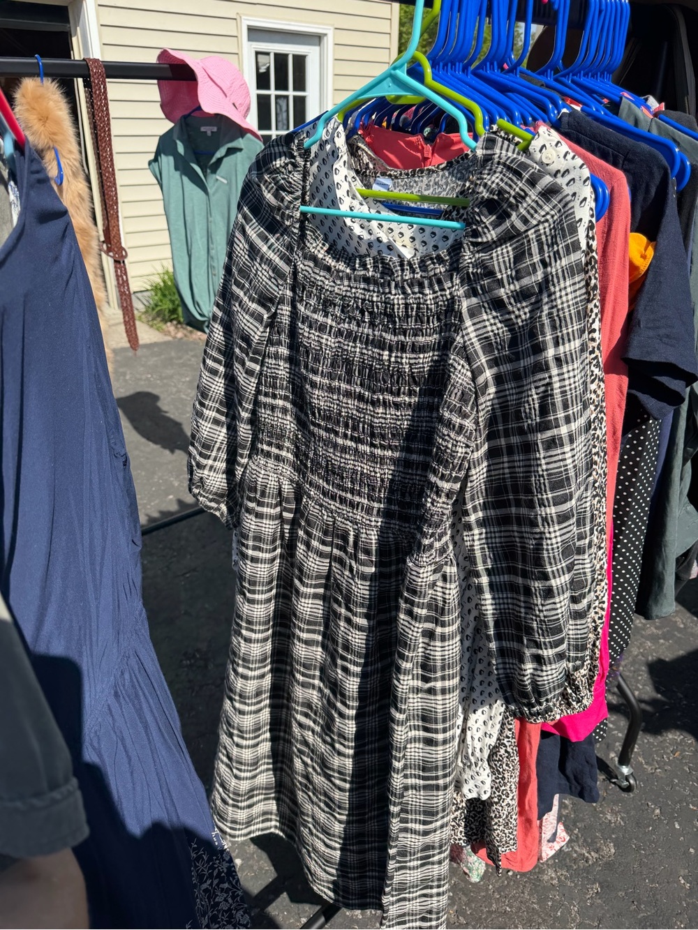 LOFT Black and White Plaid Smocked Dress